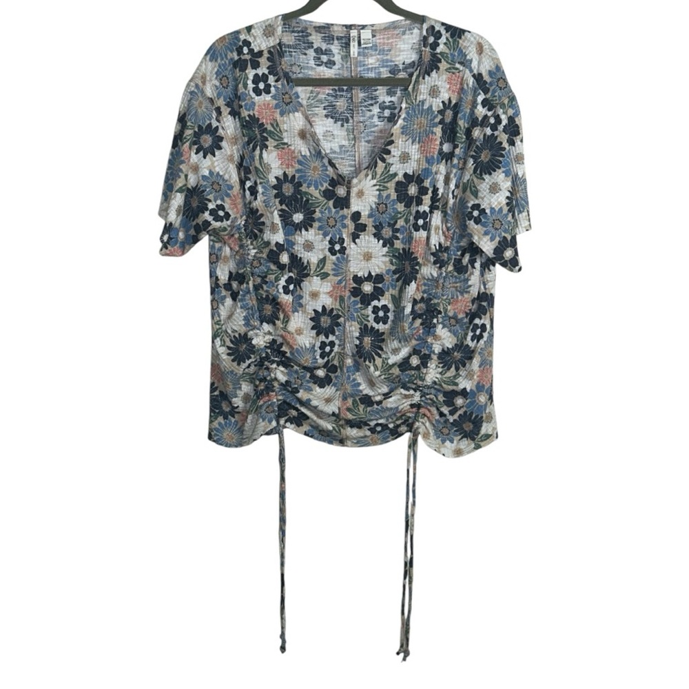 Cato Plus Size Floral Ribbed Ruched Fitted Knit Top 18/20 2X EUC